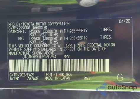 2020 Lexus Gx 460 Premium z USA, uszkodzony, nr VIN JTJAM7BX7L5260394